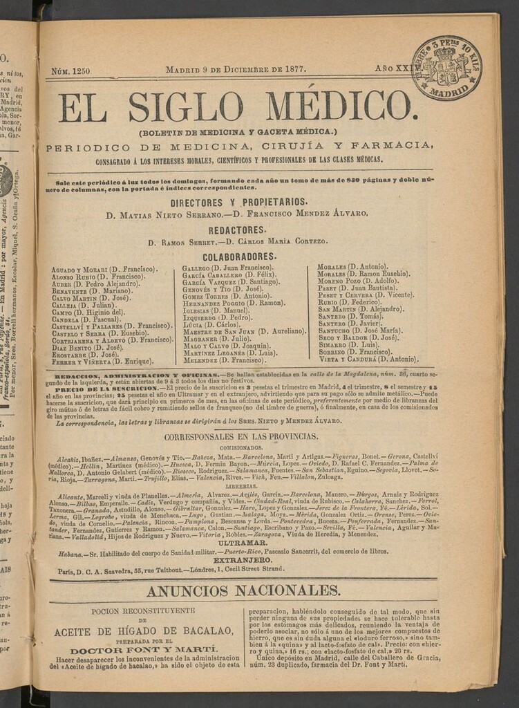 Miniatura de El Siglo Médico: boletín de medicina y gaceta médica del 9 de diciembre de 1877