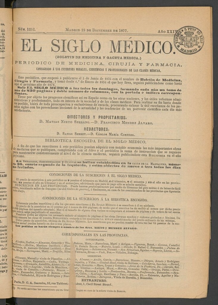 Miniatura de El Siglo Médico: boletín de medicina y gaceta médica del 23 de diciembre de 1877