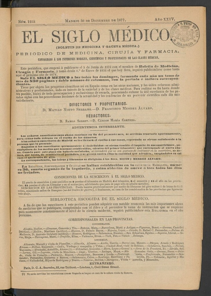 Miniatura de El Siglo Médico: boletín de medicina y gaceta médica del 30 de diciembre de 1877