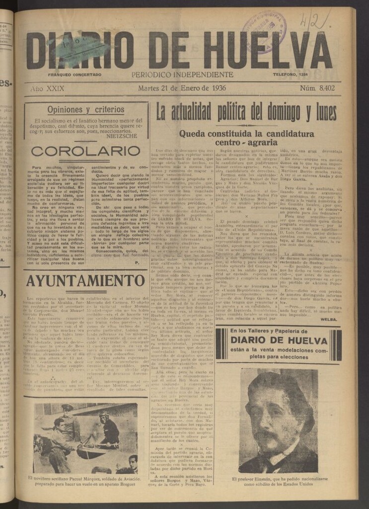 Miniatura de Diario de Huelva : periódico independiente del 21 de enero de 1936