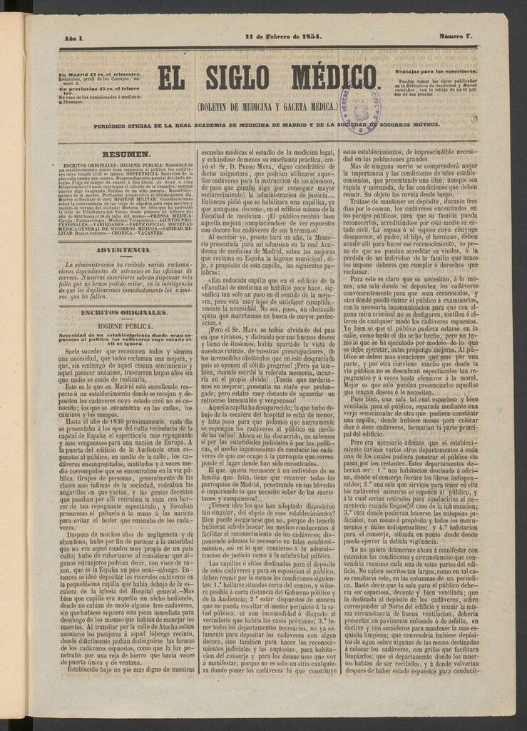Miniatura de El Siglo Médico: boletín de medicina y gaceta médica del 11 de febrero de 1854