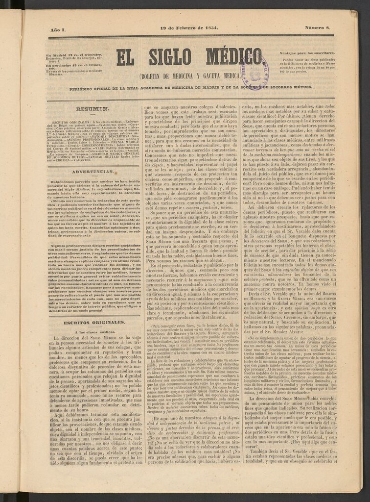 Miniatura de El Siglo Médico: boletín de medicina y gaceta médica del 19 de febrero de 1854