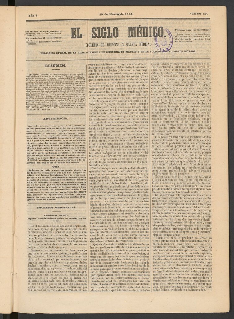Miniatura de El Siglo Médico: boletín de medicina y gaceta médica del 19 de marzo de 1854
