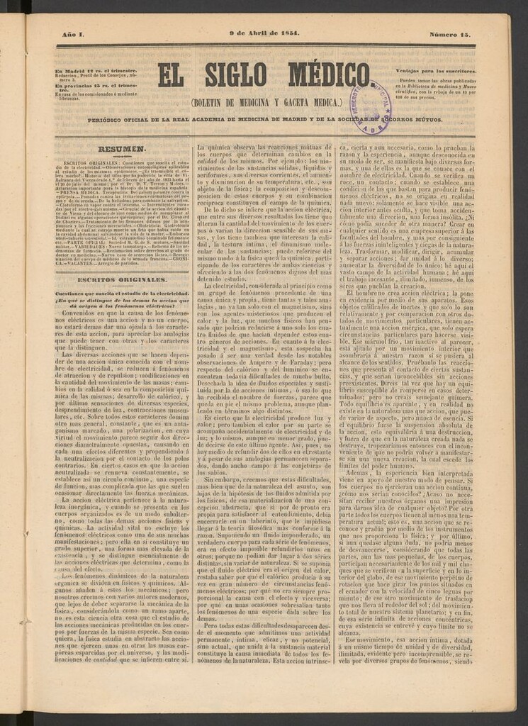 Miniatura de El Siglo Médico: boletín de medicina y gaceta médica del 9 de abril de 1854