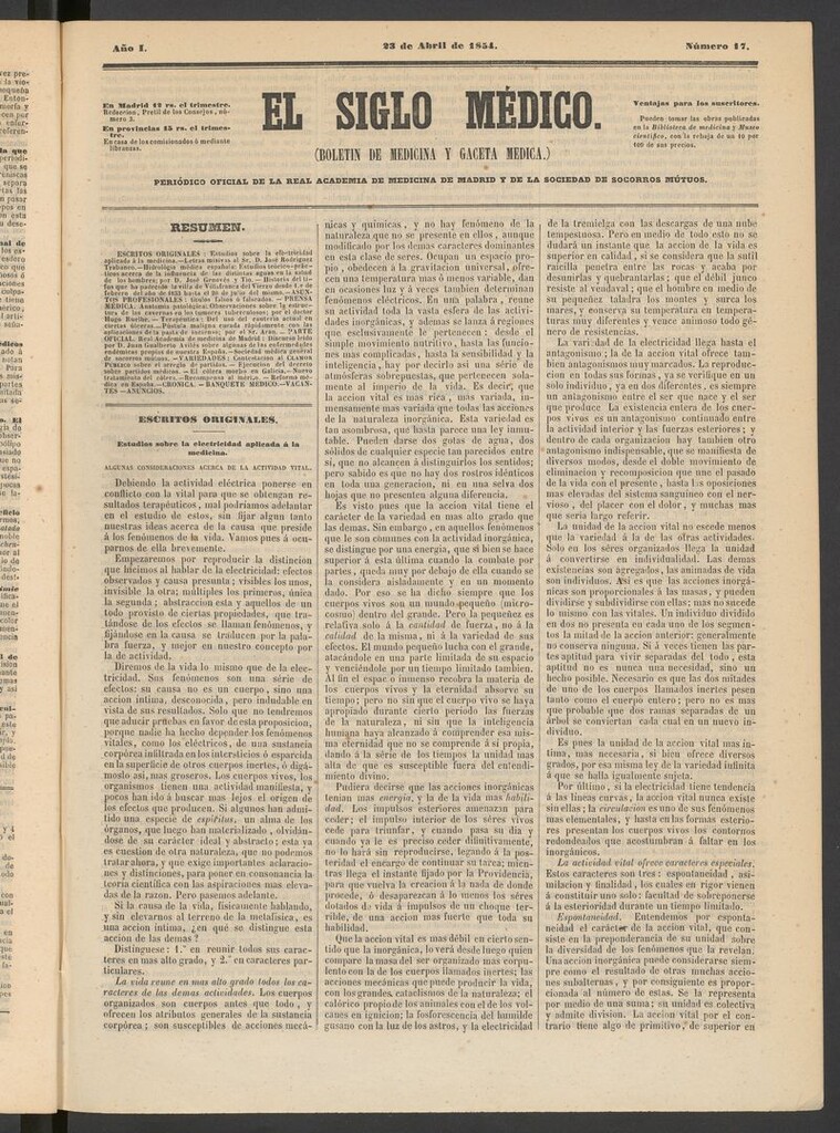 Miniatura de El Siglo Médico: boletín de medicina y gaceta médica del 23 de abril de 1854