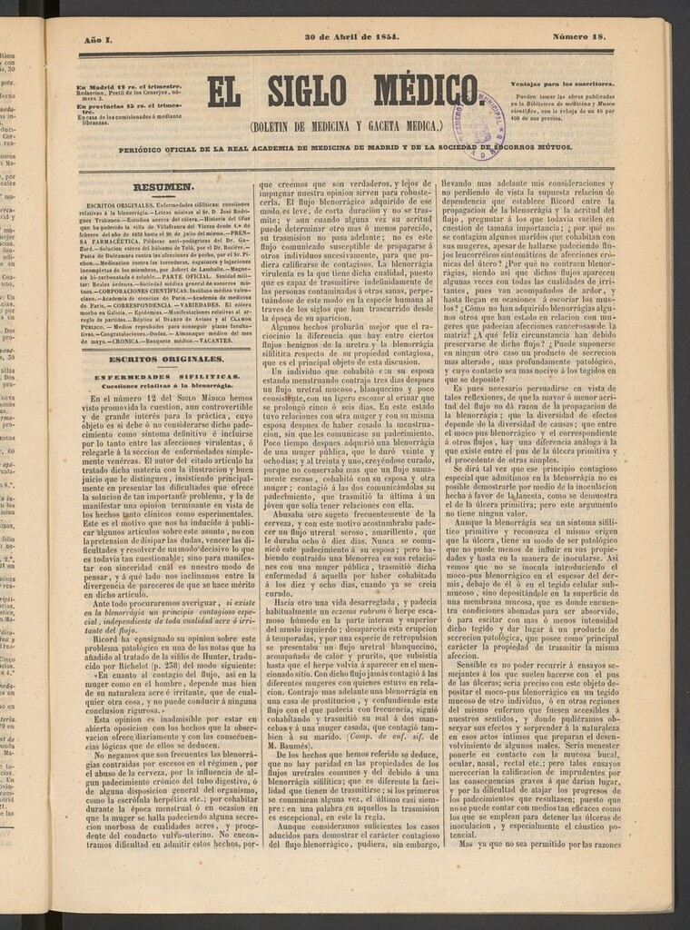 Miniatura de El Siglo Médico: boletín de medicina y gaceta médica del 30 de abril de 1854