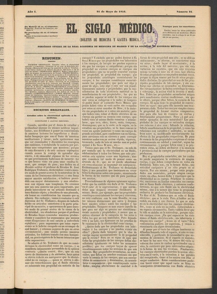 Miniatura de El Siglo Médico: boletín de medicina y gaceta médica del 21 de mayo de 1854