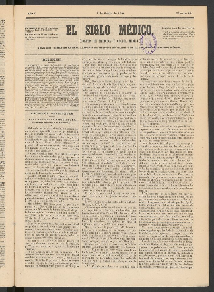 Miniatura de El Siglo Médico: boletín de medicina y gaceta médica del 4 de junio de 1854