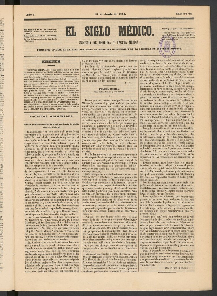 Miniatura de El Siglo Médico: boletín de medicina y gaceta médica del 11 de junio de 1854