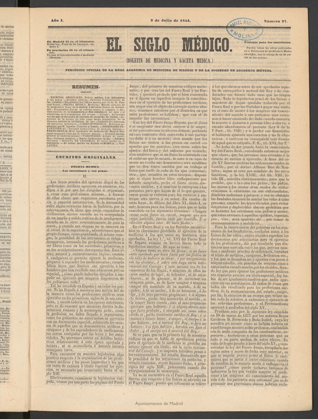 Miniatura de El Siglo Médico: boletín de medicina y gaceta médica del 2 de julio de 1854