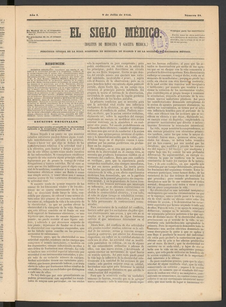 Miniatura de El Siglo Médico: boletín de medicina y gaceta médica del 9 de julio de 1854