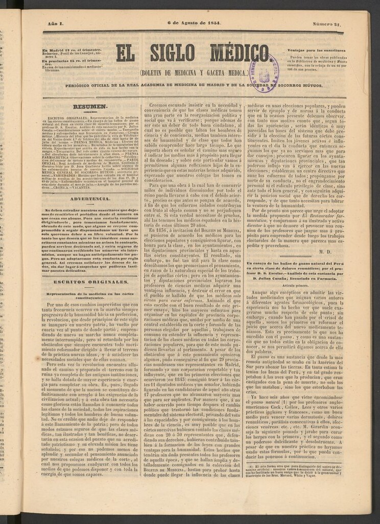 Miniatura de El Siglo Médico: boletín de medicina y gaceta médica del 6 de agosto de 1854