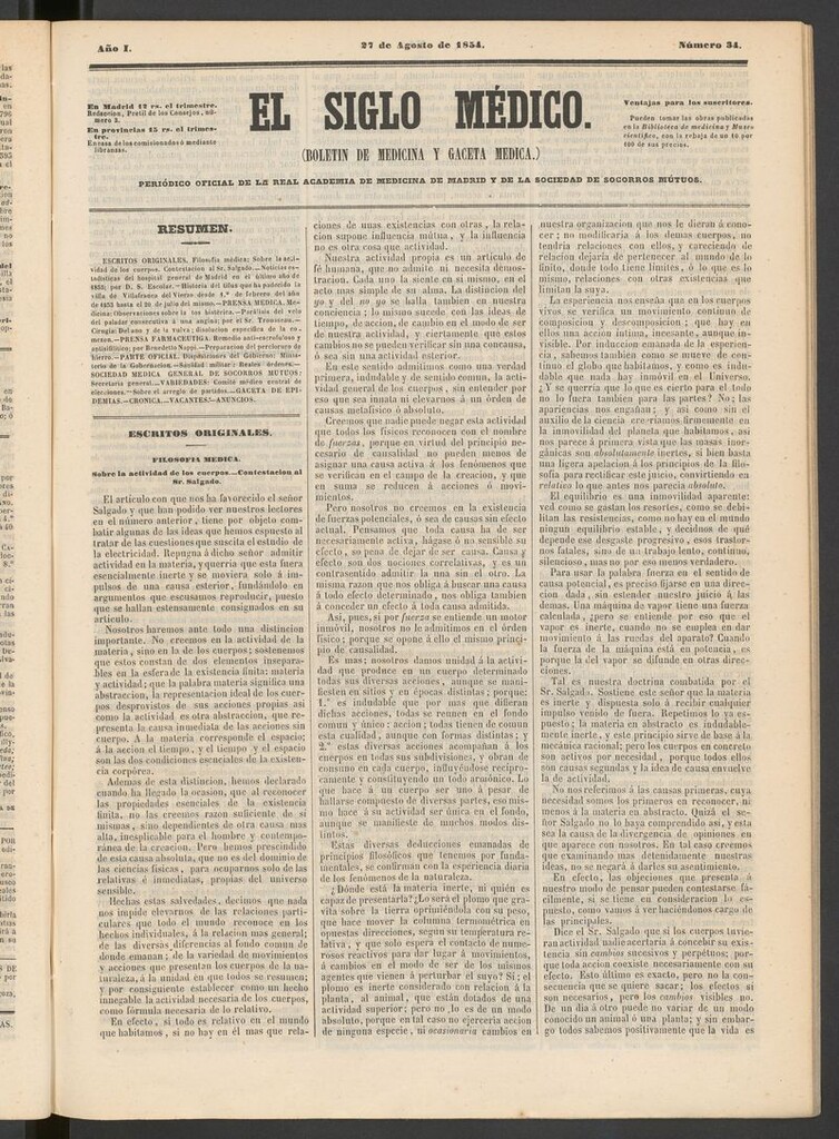 Miniatura de El Siglo Médico: boletín de medicina y gaceta médica del 27 de agosto de 1854