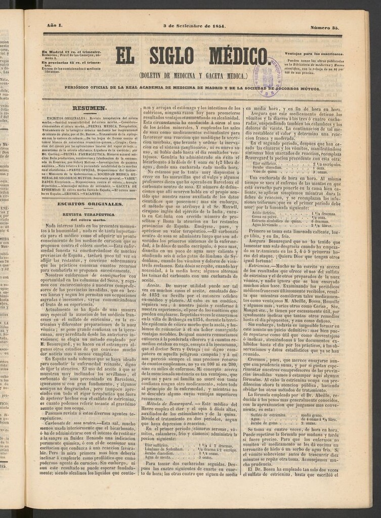 Miniatura de El Siglo Médico: boletín de medicina y gaceta médica del 3 de septiembre de 1854