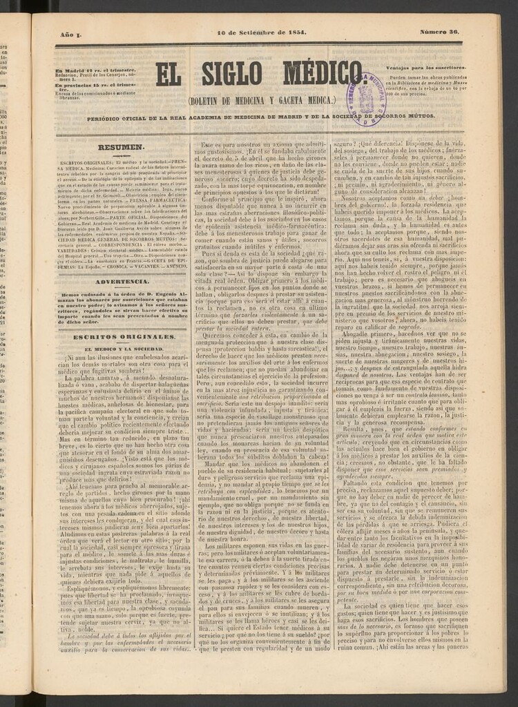 Miniatura de El Siglo Médico: boletín de medicina y gaceta médica del 10 de septiembre de 1854