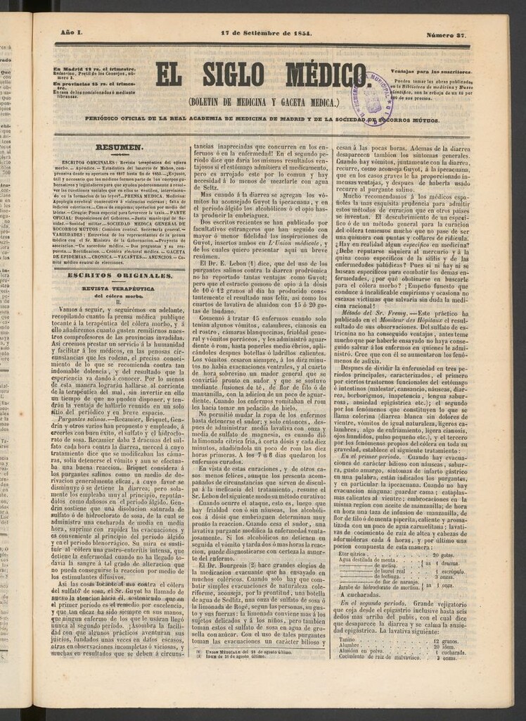Miniatura de El Siglo Médico: boletín de medicina y gaceta médica del 17 de septiembre de 1854