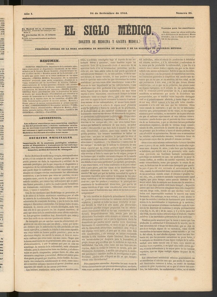 Miniatura de El Siglo Médico: boletín de medicina y gaceta médica del 24 de septiembre de 1854