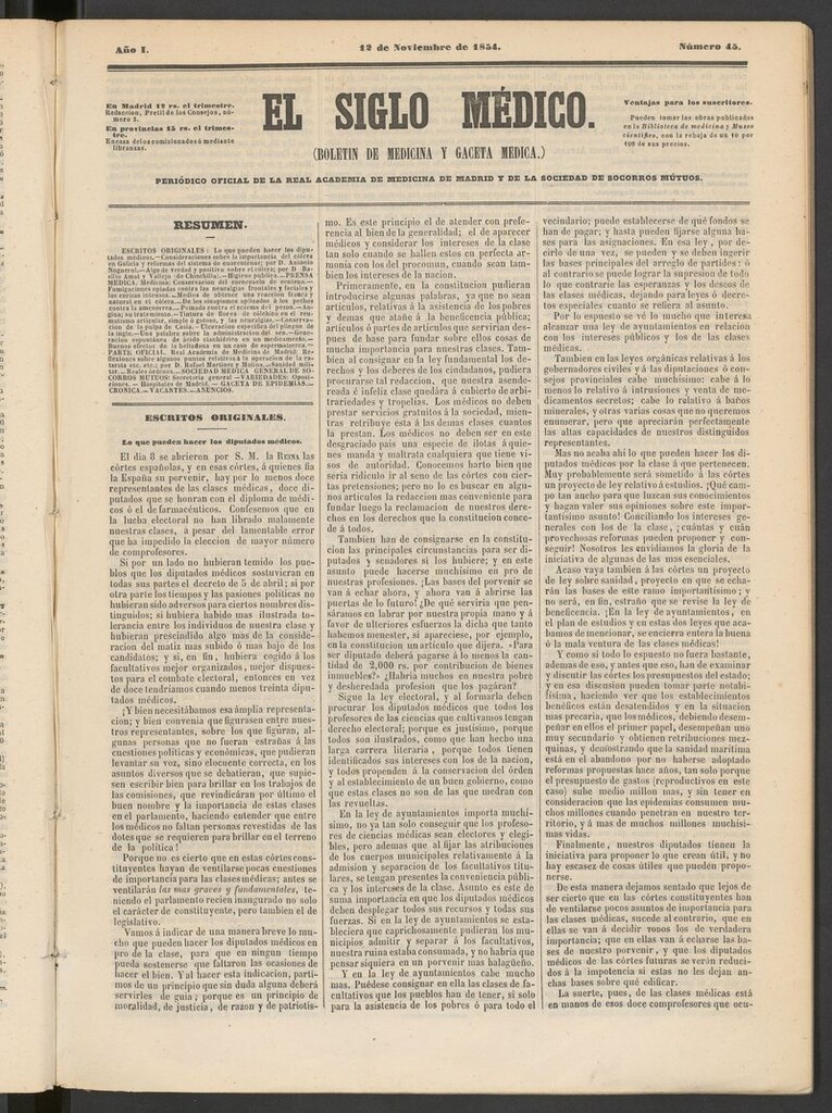 Miniatura de El Siglo Médico: boletín de medicina y gaceta médica del 12 de noviembre de 1854
