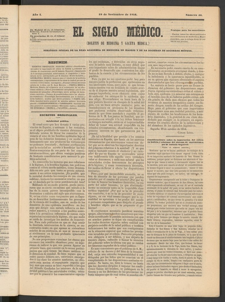 Miniatura de El Siglo Médico: boletín de medicina y gaceta médica del 19 de noviembre de 1854