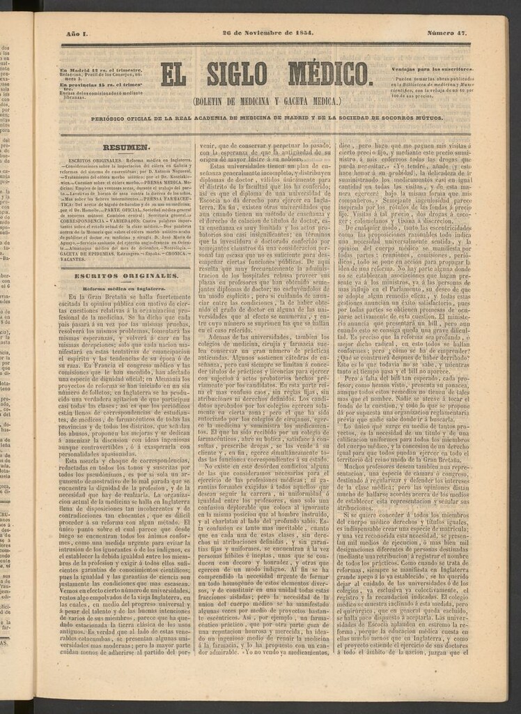 Miniatura de El Siglo Médico: boletín de medicina y gaceta médica del 26 de noviembre de 1854