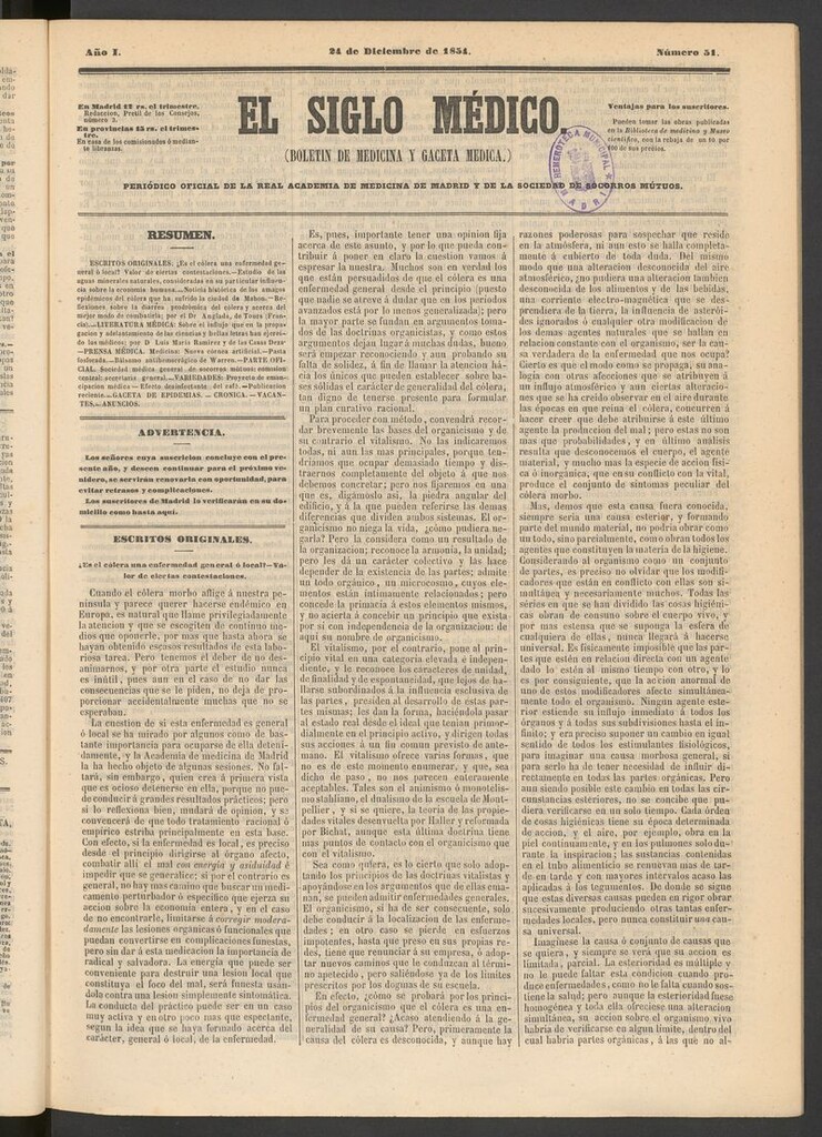 Miniatura de El Siglo Médico: boletín de medicina y gaceta médica del 24 de diciembre de 1854