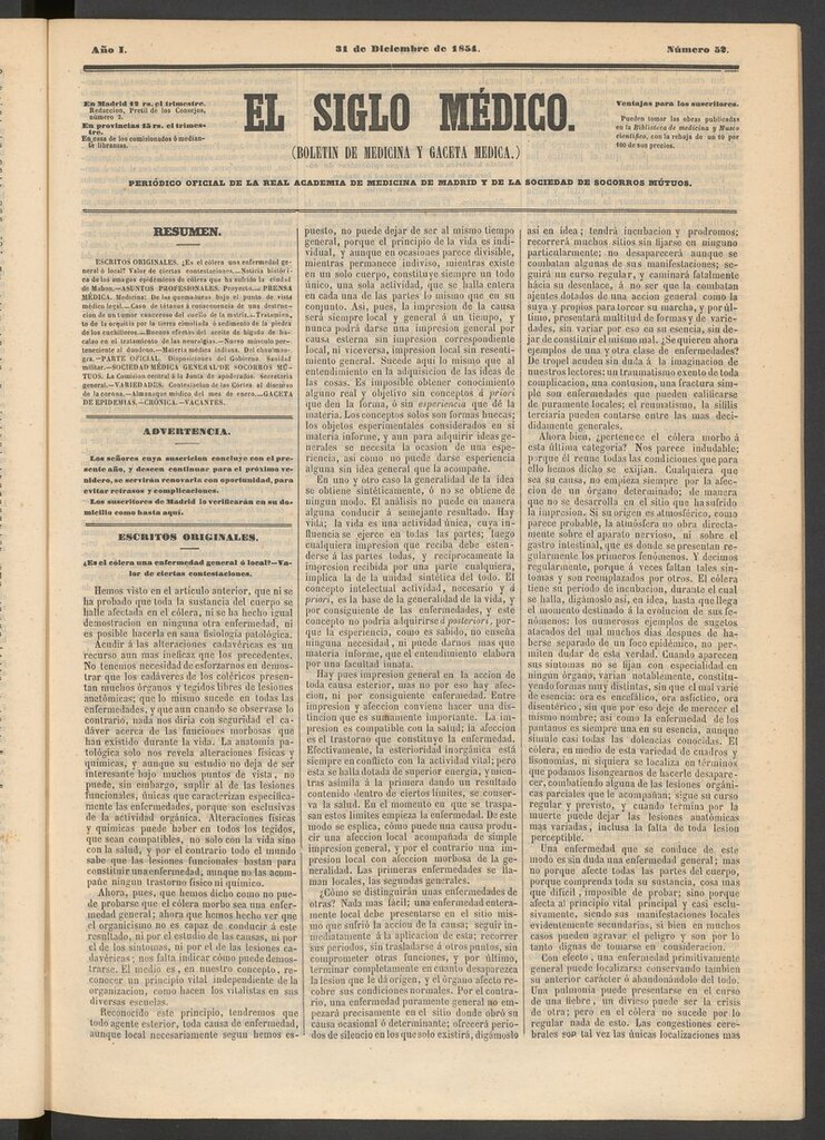 Miniatura de El Siglo Médico: boletín de medicina y gaceta médica del 31 de diciembre de 1854