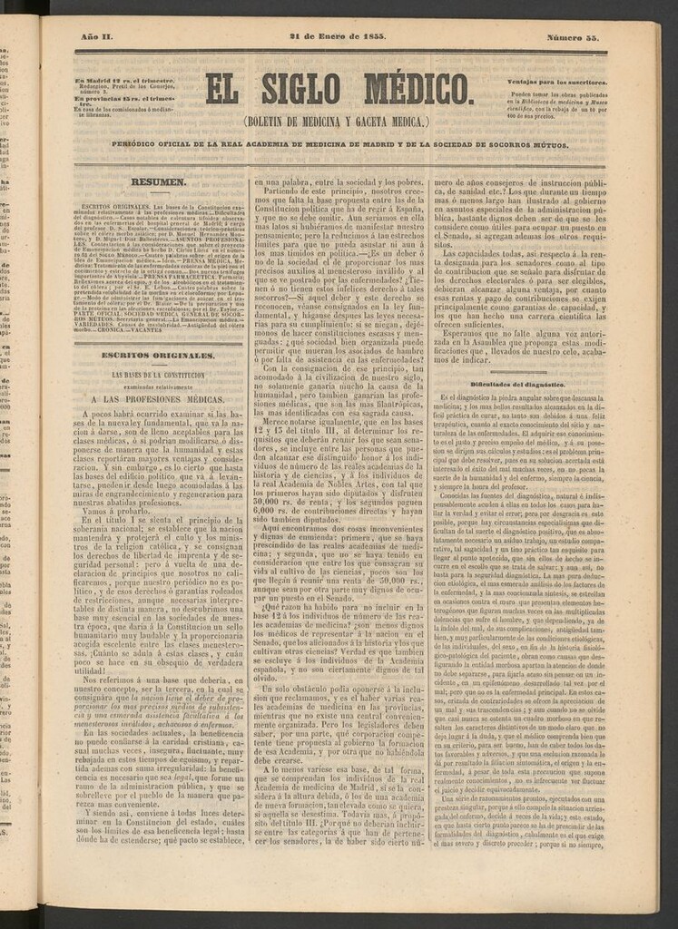 Miniatura de El Siglo Médico: boletín de medicina y gaceta médica del 21 de enero de 1855
