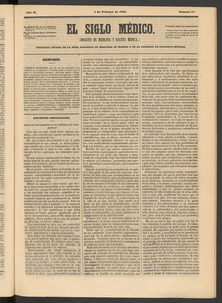 Miniatura de El Siglo Médico: boletín de medicina y gaceta médica del 4 de febrero de 1855