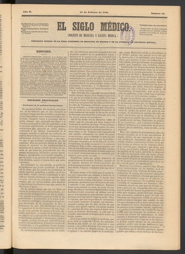 Miniatura de El Siglo Médico: boletín de medicina y gaceta médica del 11 de febrero de 1855