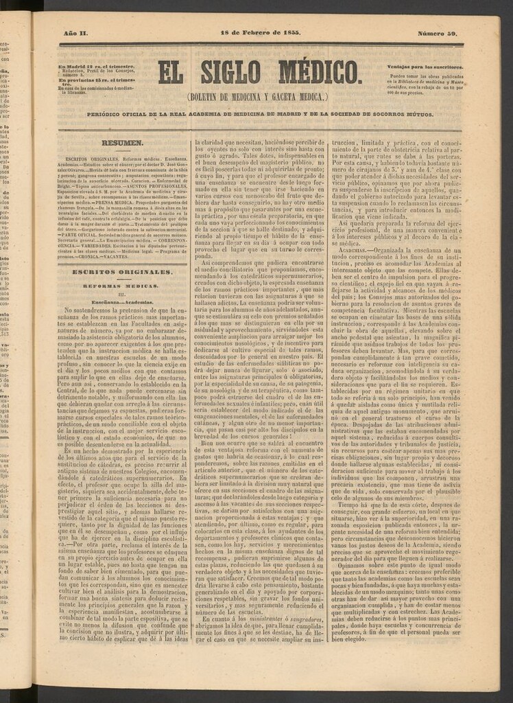 Miniatura de El Siglo Médico: boletín de medicina y gaceta médica del 18 de febrero de 1855