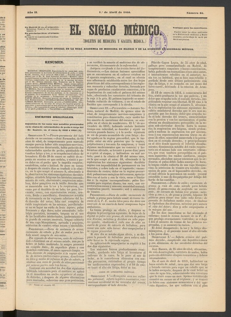 Miniatura de El Siglo Médico: boletín de medicina y gaceta médica del 1 de abril de 1855
