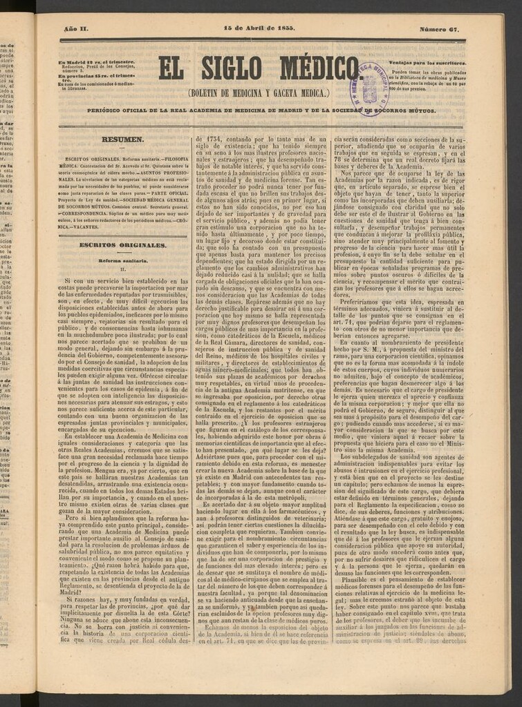 Miniatura de El Siglo Médico: boletín de medicina y gaceta médica del 15 de abril de 1855