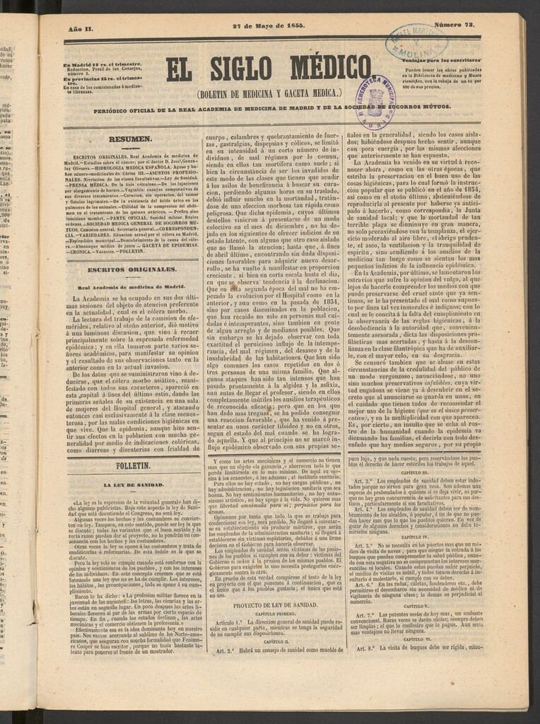 Miniatura de El Siglo Médico: boletín de medicina y gaceta médica del 27 de mayo de 1855
