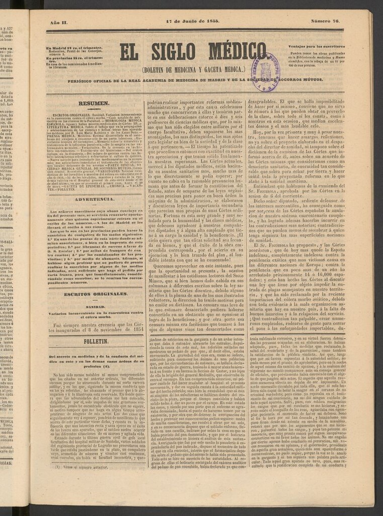 Miniatura de El Siglo Médico: boletín de medicina y gaceta médica del 17 de junio de 1855
