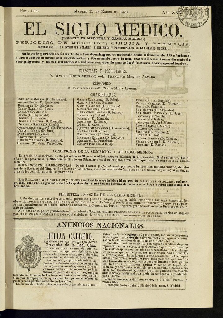 Miniatura de El Siglo Médico: boletín de medicina y gaceta médica del 11 de enero de 1880