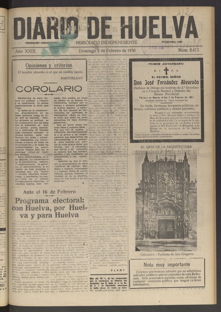 Miniatura de Diario de Huelva : periódico independiente del 2 de febrero de 1936