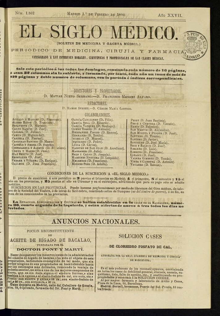 Miniatura de El Siglo Médico: boletín de medicina y gaceta médica del 1 de febrero de 1880