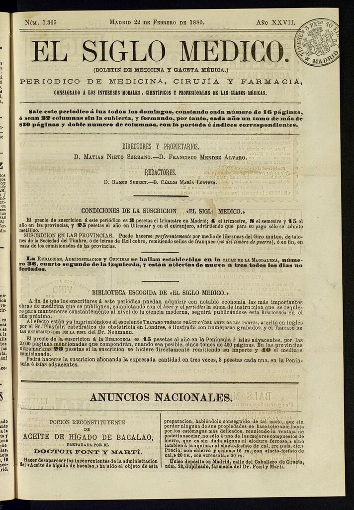 Miniatura de El Siglo Médico: boletín de medicina y gaceta médica del 22 de febrero de 1880
