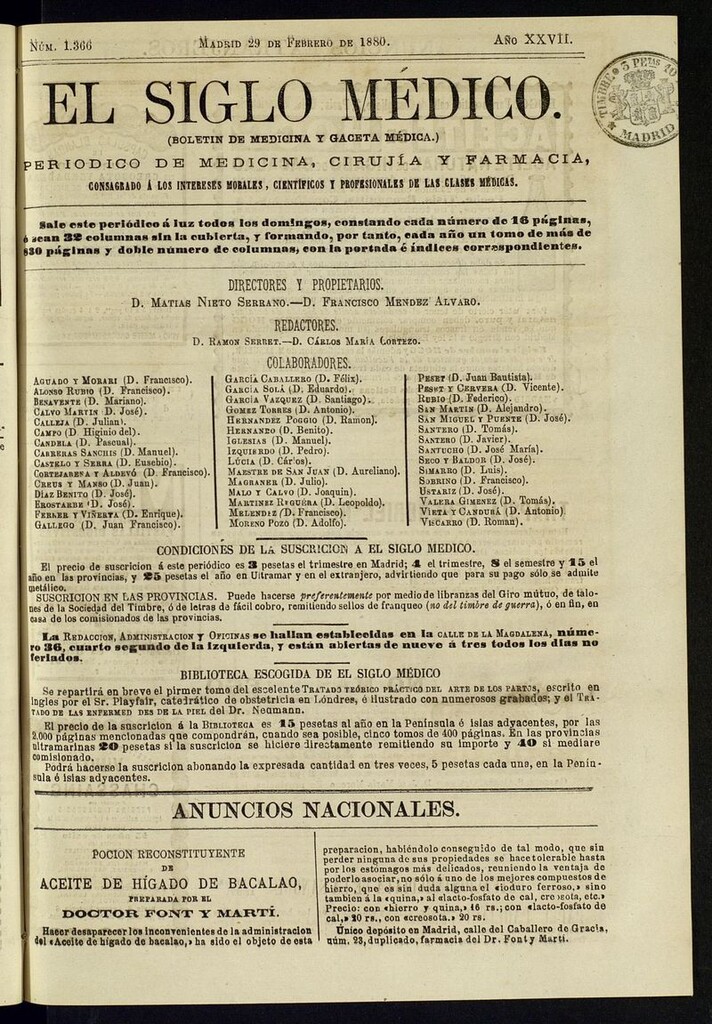Miniatura de El Siglo Médico: boletín de medicina y gaceta médica del 29 de febrero de 1880