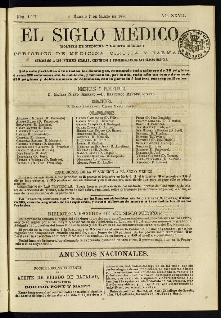 Miniatura de El Siglo Médico: boletín de medicina y gaceta médica del 7 de marzo de 1880