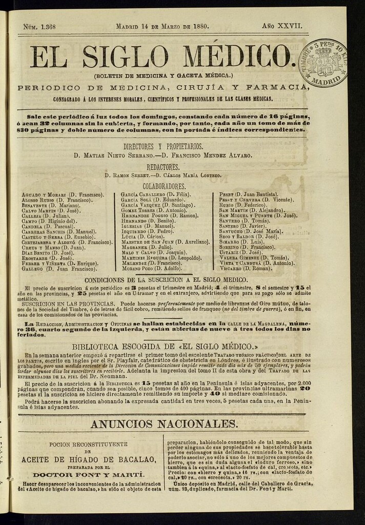 Miniatura de El Siglo Médico: boletín de medicina y gaceta médica del 14 de marzo de 1880
