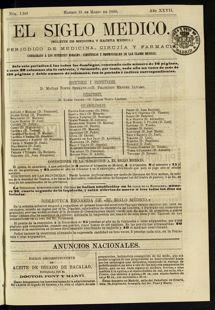 Miniatura de El Siglo Médico: boletín de medicina y gaceta médica del 21 de marzo de 1880