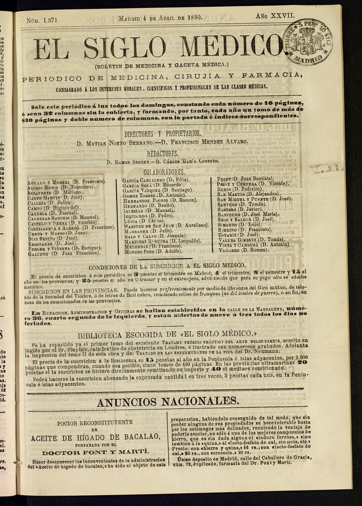 Miniatura de El Siglo Médico: boletín de medicina y gaceta médica del 4 de abril de 1880