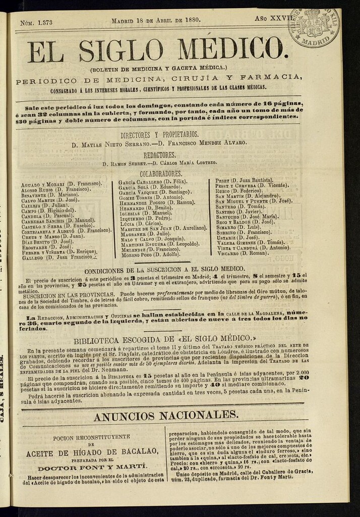 Miniatura de El Siglo Médico: boletín de medicina y gaceta médica del 18 de abril de 1880