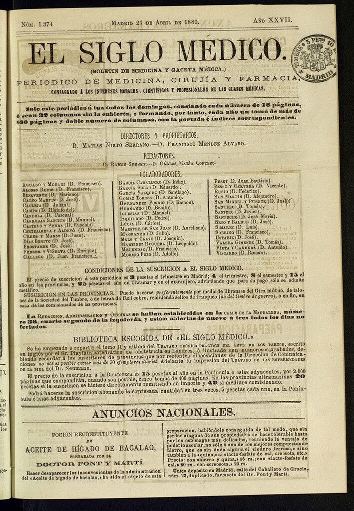 Miniatura de El Siglo Médico: boletín de medicina y gaceta médica del 25 de abril de 1880