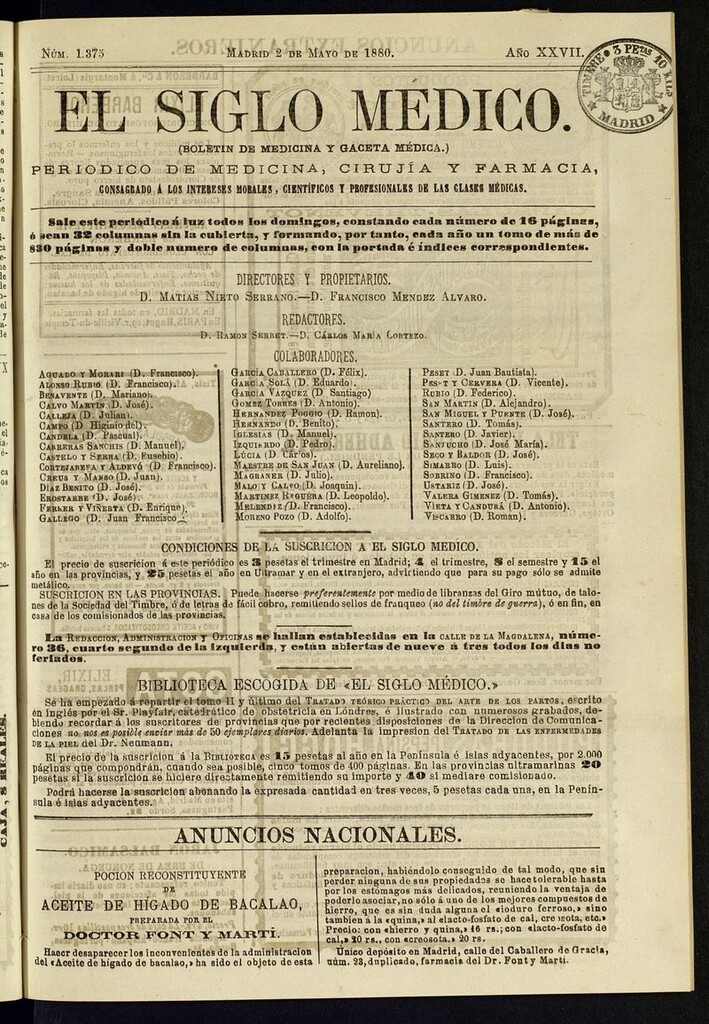 Miniatura de El Siglo Médico: boletín de medicina y gaceta médica del 2 de mayo de 1880