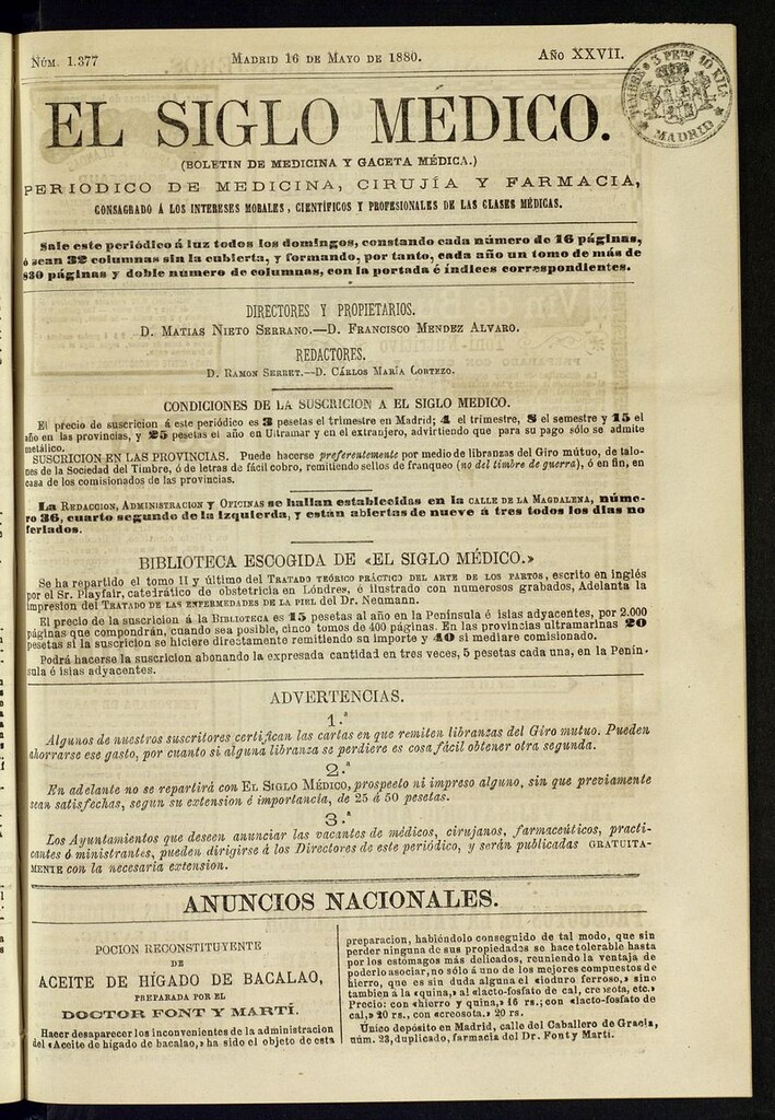 Miniatura de El Siglo Médico: boletín de medicina y gaceta médica del 16 de mayo de 1880