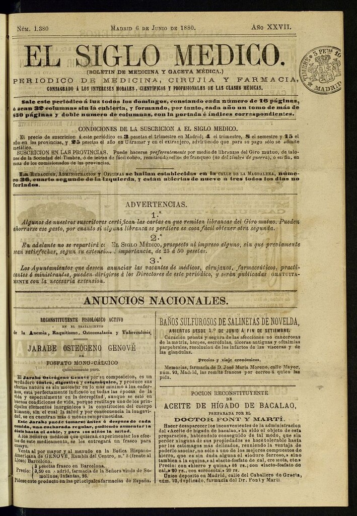 Miniatura de El Siglo Médico: boletín de medicina y gaceta médica del 6 de junio de 1880