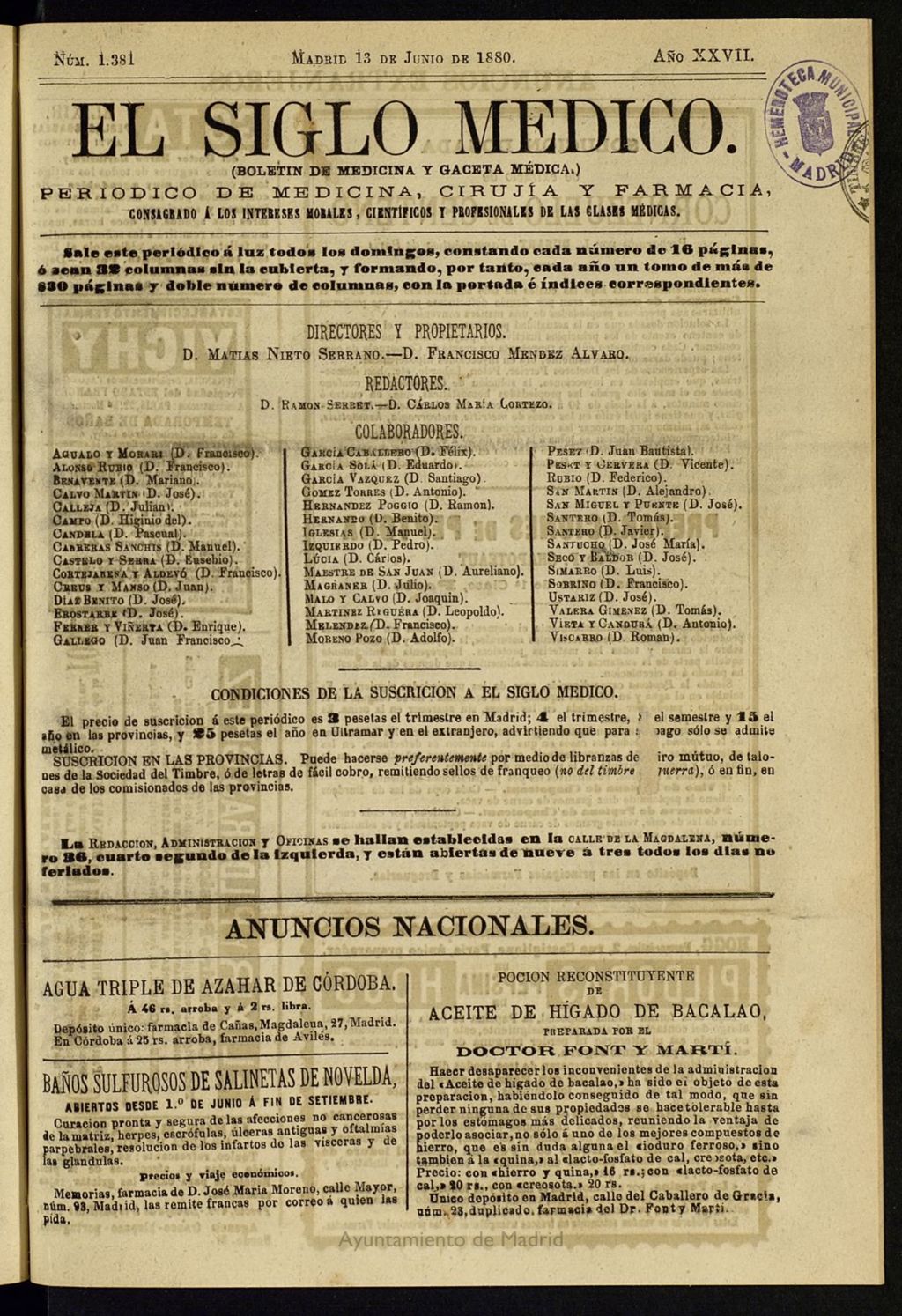 Miniatura de El Siglo Médico: boletín de medicina y gaceta médica del 13 de junio de 1880