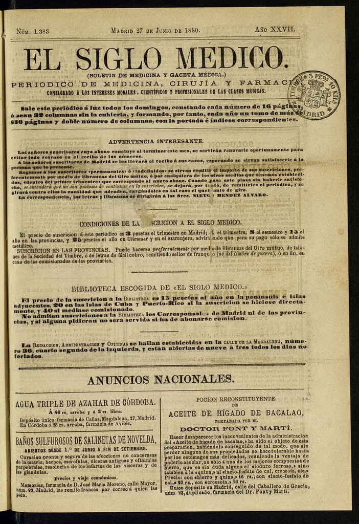 Miniatura de El Siglo Médico: boletín de medicina y gaceta médica del 27 de junio de 1880